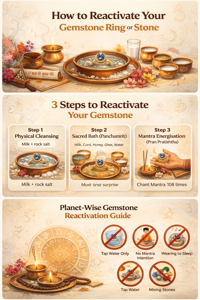 Infographic: How to Reactivate Your Gemstone Ring or Stone — 3 Steps (Physical Cleansing, Panchamrit Bath, Mantra Energisation) and Planet-Wise Reactivation Guide