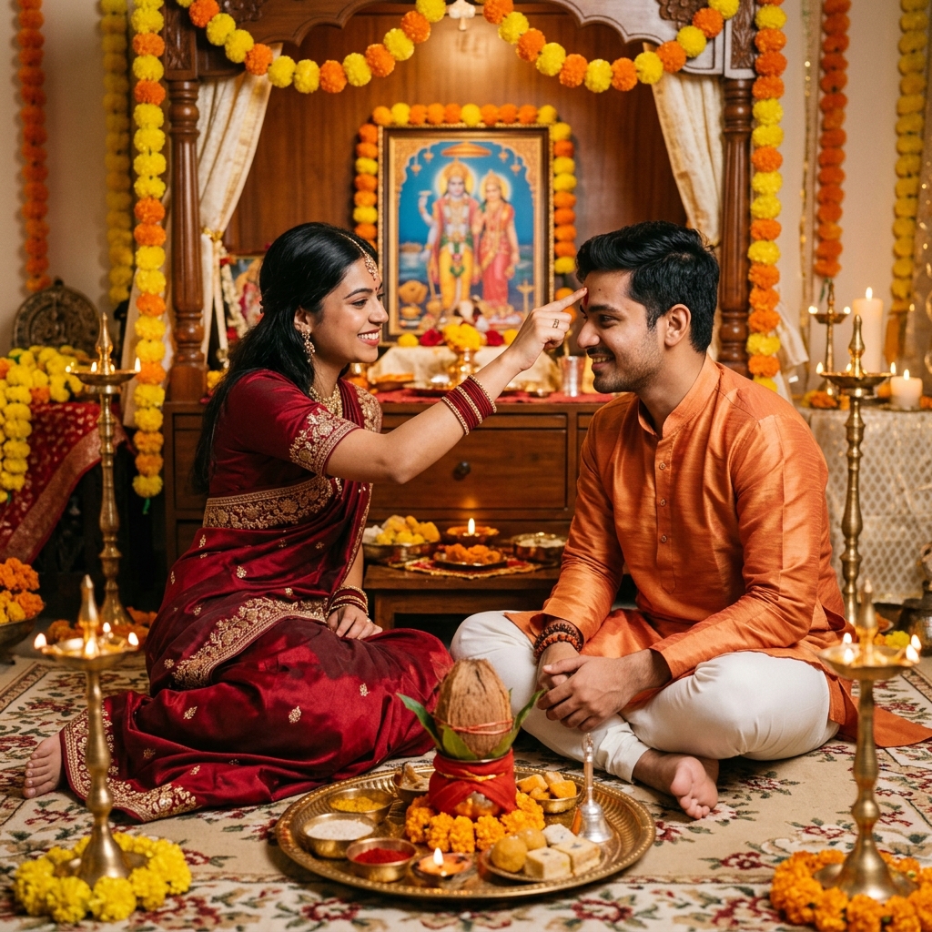 Sister applying vermilion tilak on her brother's forehead during Bhai Dooj ritual