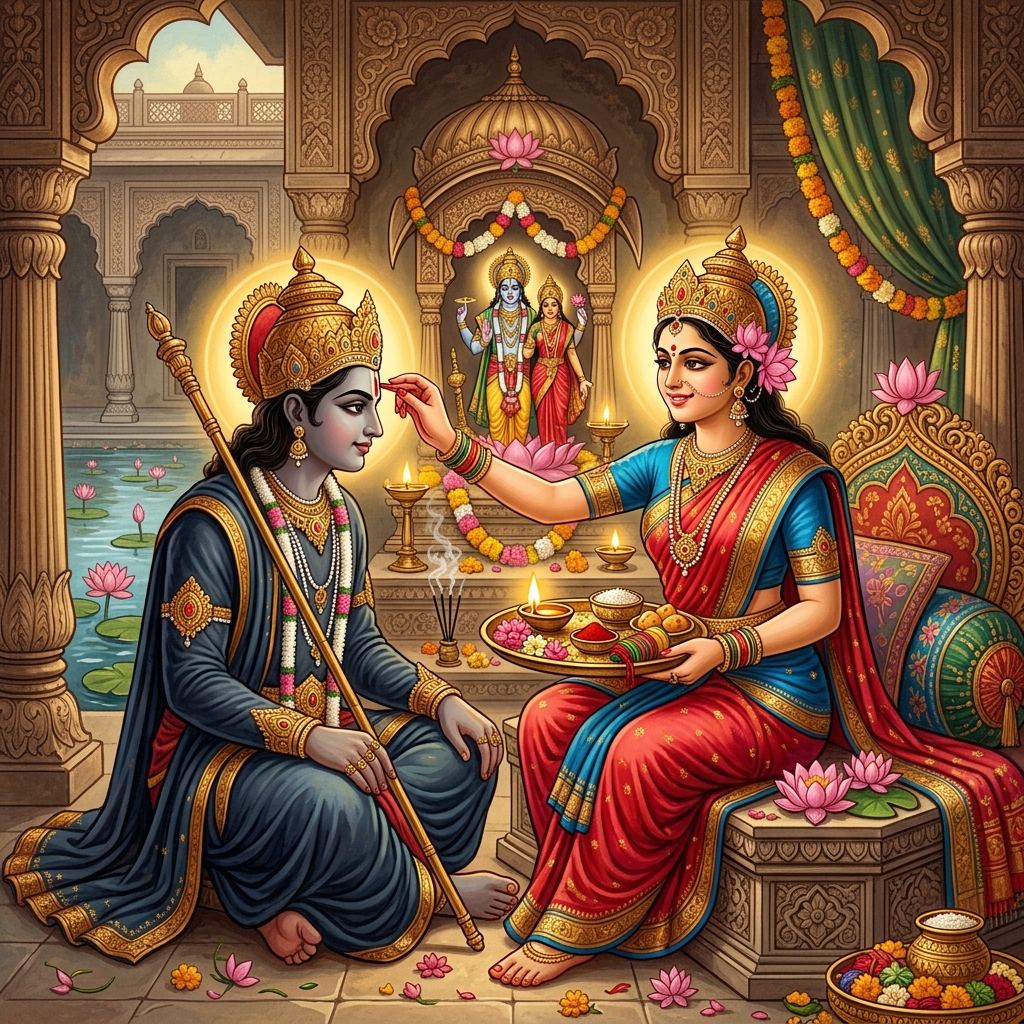 Sacred depiction of Lord Yama (Yamraj) visiting his twin sister Goddess Yamuna (Yami) on Bhai Dooj
