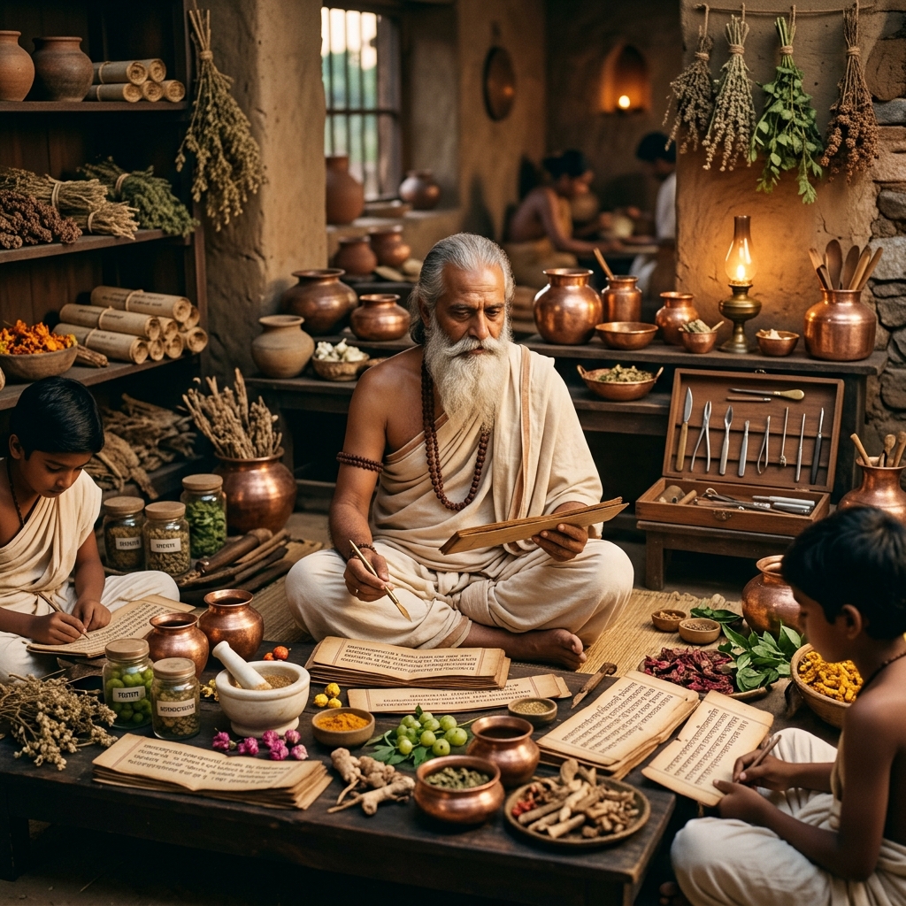 Ancient Indian Ayurvedic Sage Sushruta surrounded by traditional medicinal herbs, copper vessels, and surgical scrolls