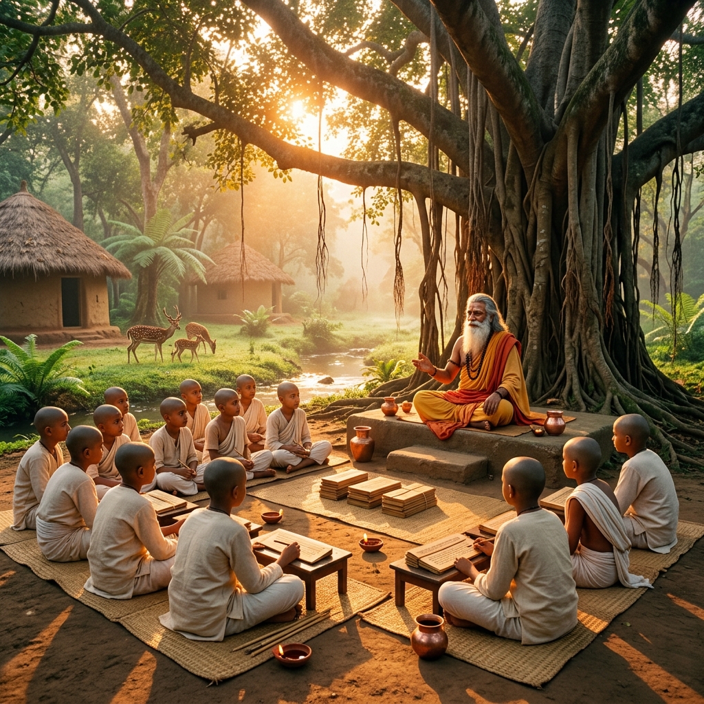 Ancient Gurukul Forest Hermitage where a revered Guru teaches young Shishyas under a Banyan Tree at sunrise