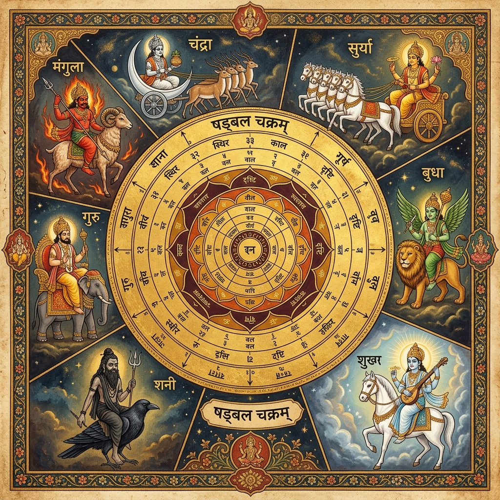 Ancient Vedic astronomical diagram of the six sources of planetary strength (Shadbala) showing seven planets around a golden mandala wheel