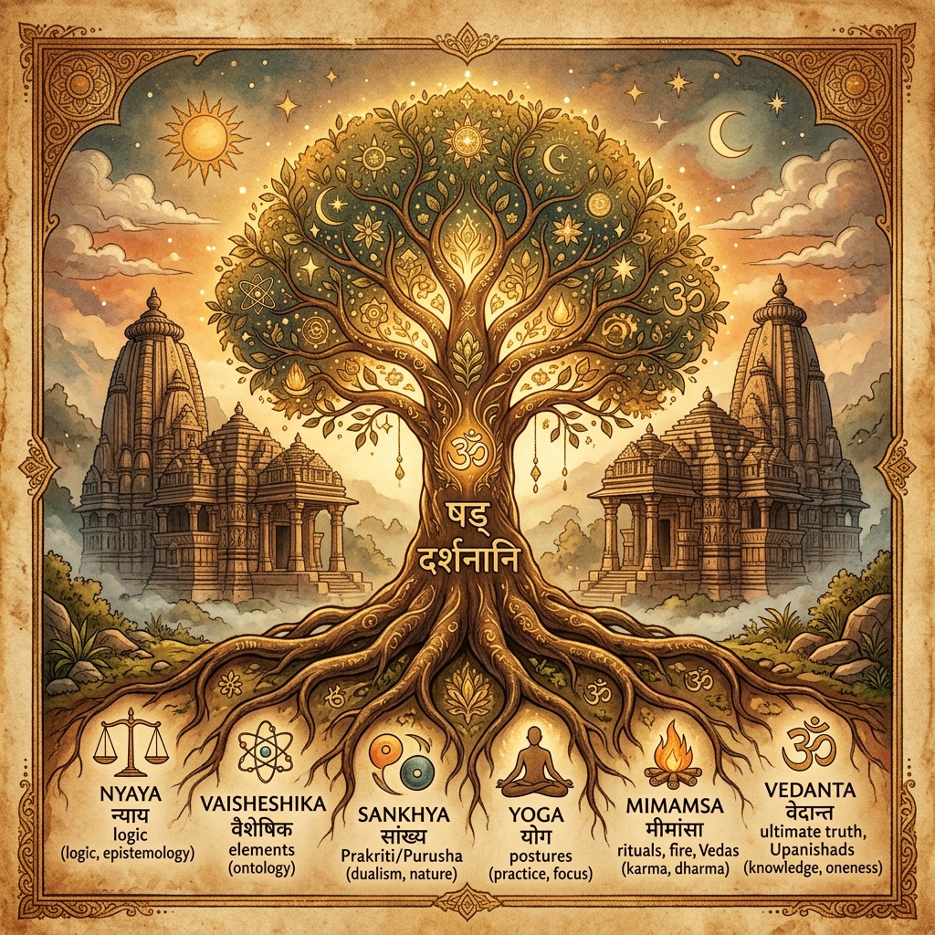 Shad Darshanas six schools of philosophy root tree infographic