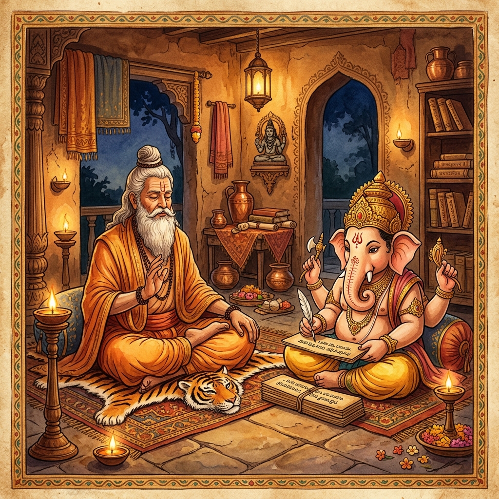 Sage Vyasa dictating Mahabharata to Ganesha