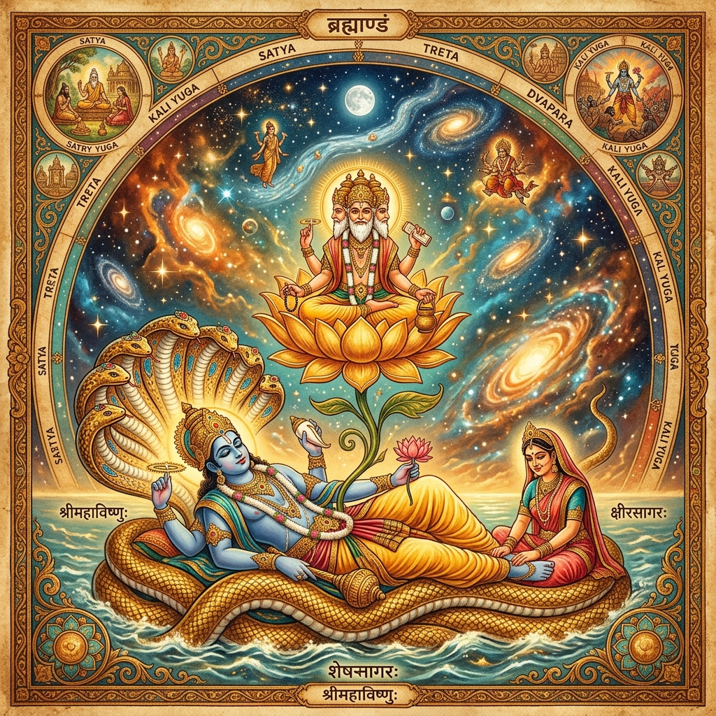 Lord Vishnu resting in the cosmic ocean illustration