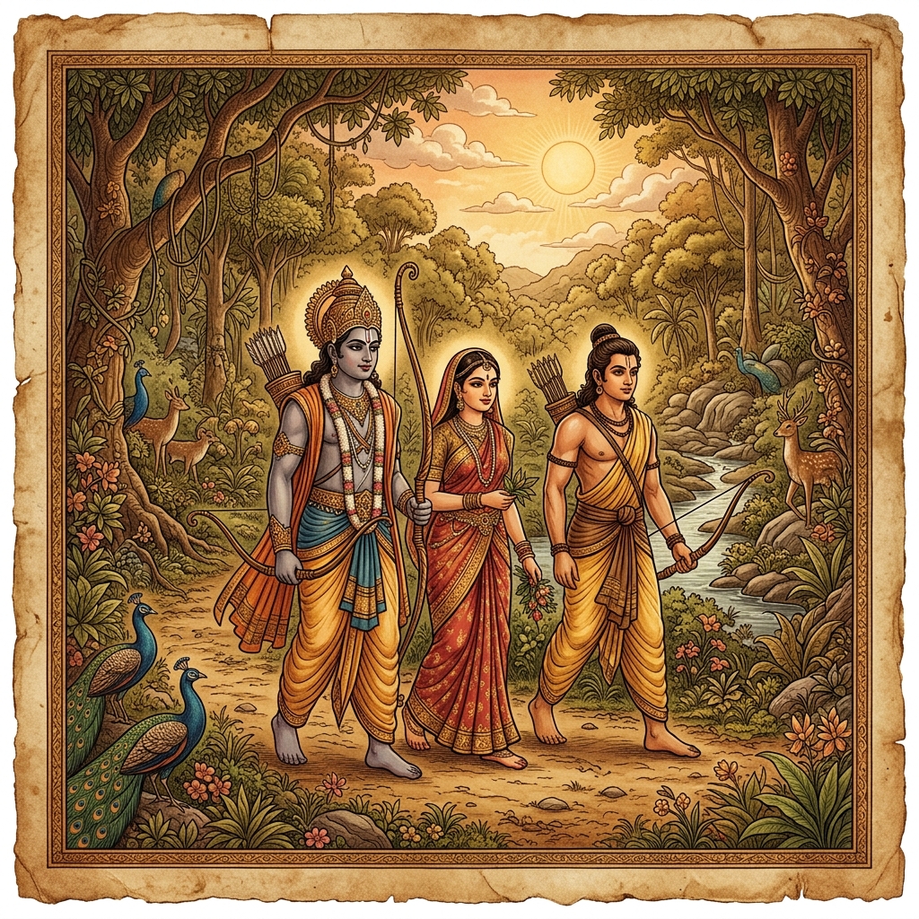 Lord Rama Sita Lakshmana forest exile illustration