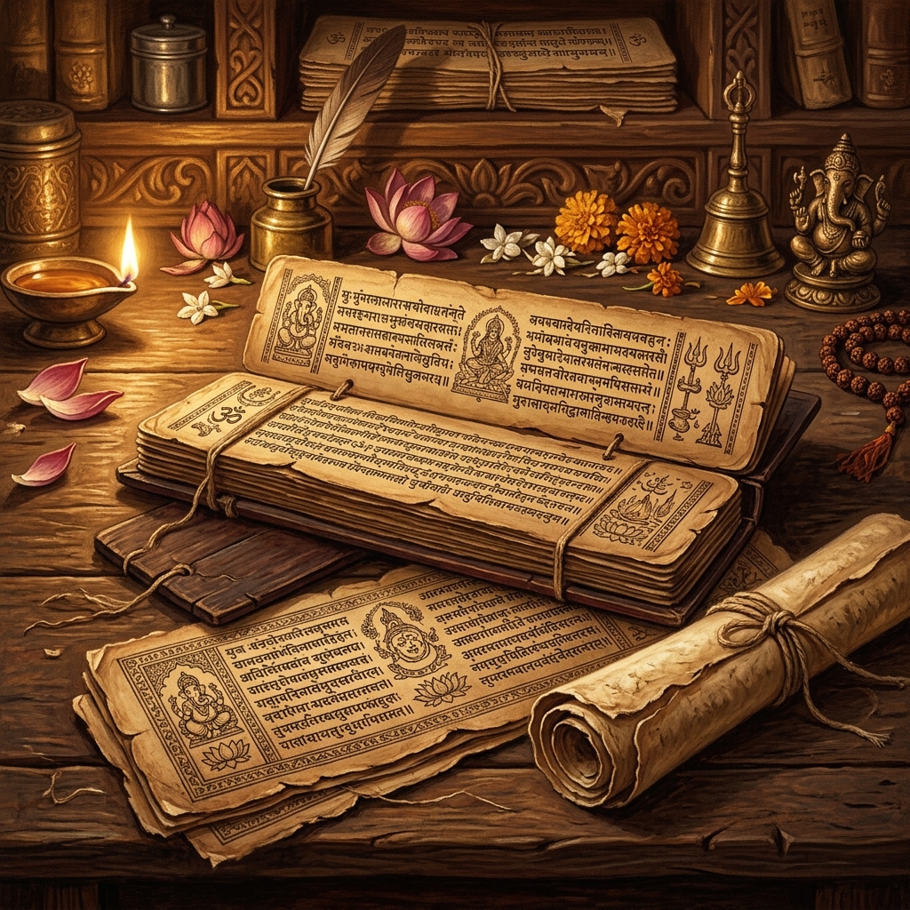 Timeless Vedas palm leaf manuscript illustration