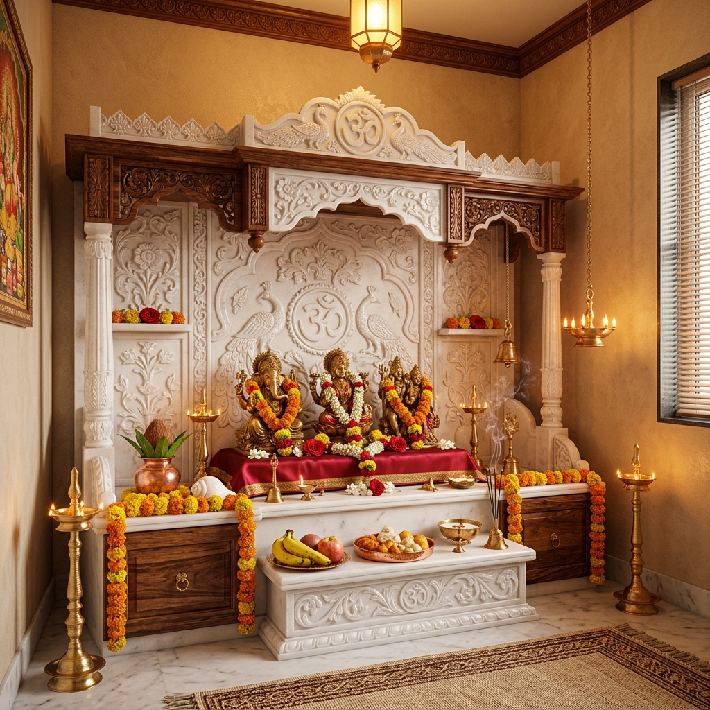 Vastu compliant sacred home Pooja room Mandir in Northeast Ishanya corner with brass diya lamps and marigold flowers