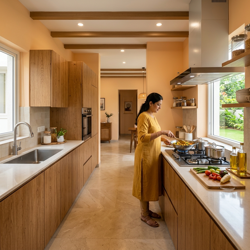 Vastu compliant kitchen layout with gas stove in Southeast Agneya corner facing East while cooking