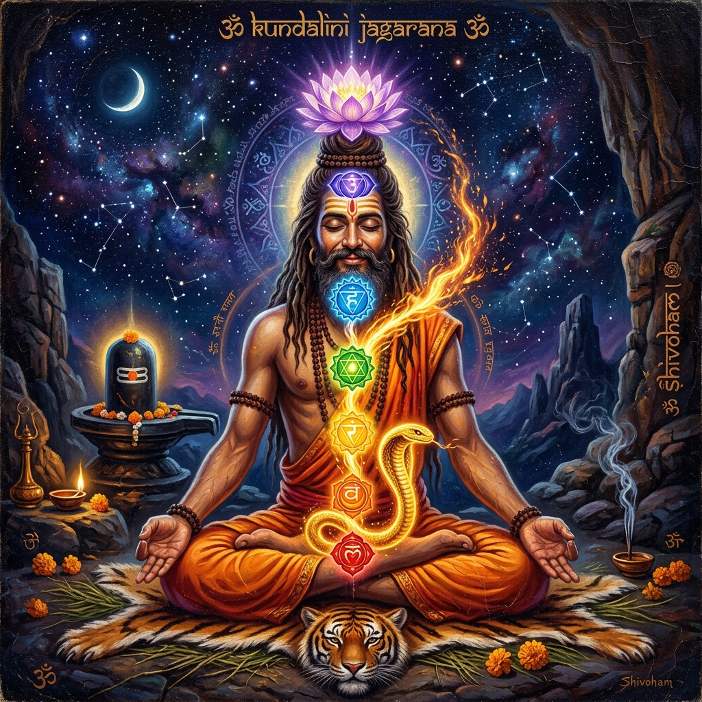 Meditating yogi showing the rising Kundalini Shakti serpent rising through the seven glowing chakras in a detailed Tantric Vedic illustration